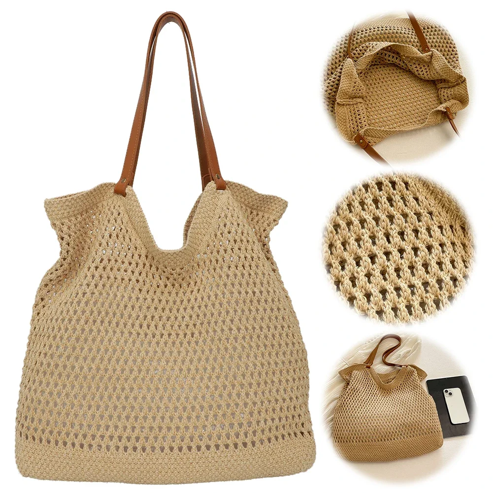 

Женская тканая сумка-хобо, большая вместительная вязаная крючком сумка на плечо, ажурная сумка, однотонная модная сумка-тоут, уличная дорожная сумка