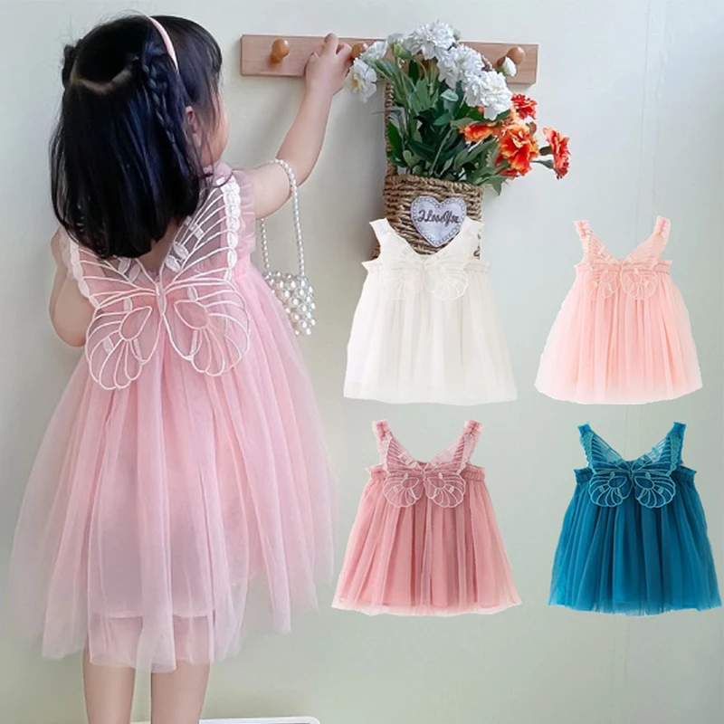 

2023 Summer Girls Toddler Tulle Butterfly Wings Princess Dress Kids Birthday Party Dresses For Girls Tutu Gauze Casual Costumes