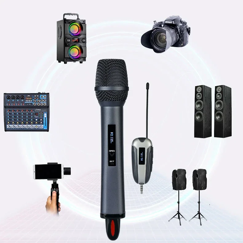 

Hot Rechargeable Wireless Microphone UHF Recording Karaoke One for Four MIC with Lithium Battery Receiver for Meeting Teaching