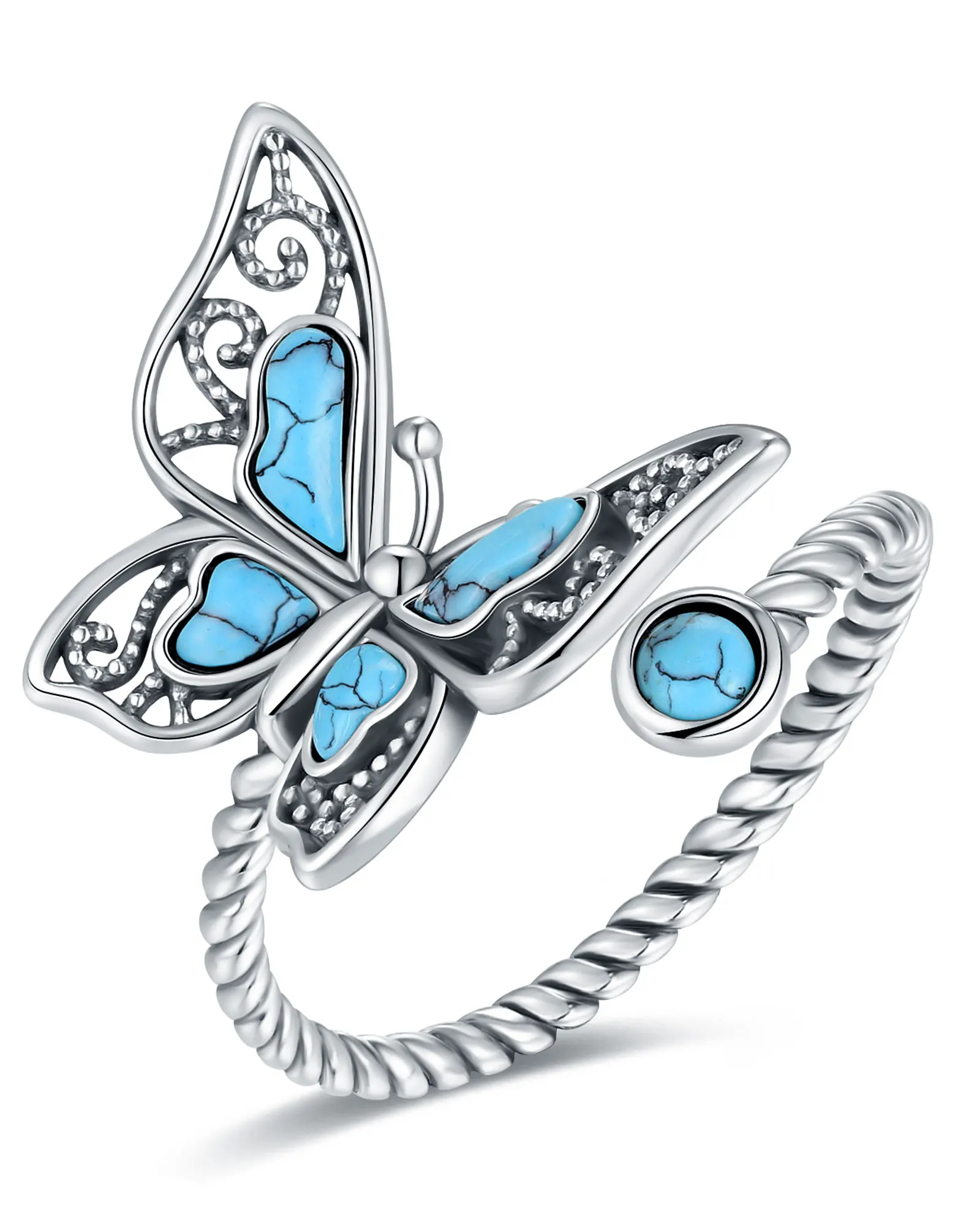 

925 Sterling Silver Turquoise Butterfly Adjustable Ring Elegant Bohemian Style Jewelry Natural Vintage Gift for Women Girl Wife