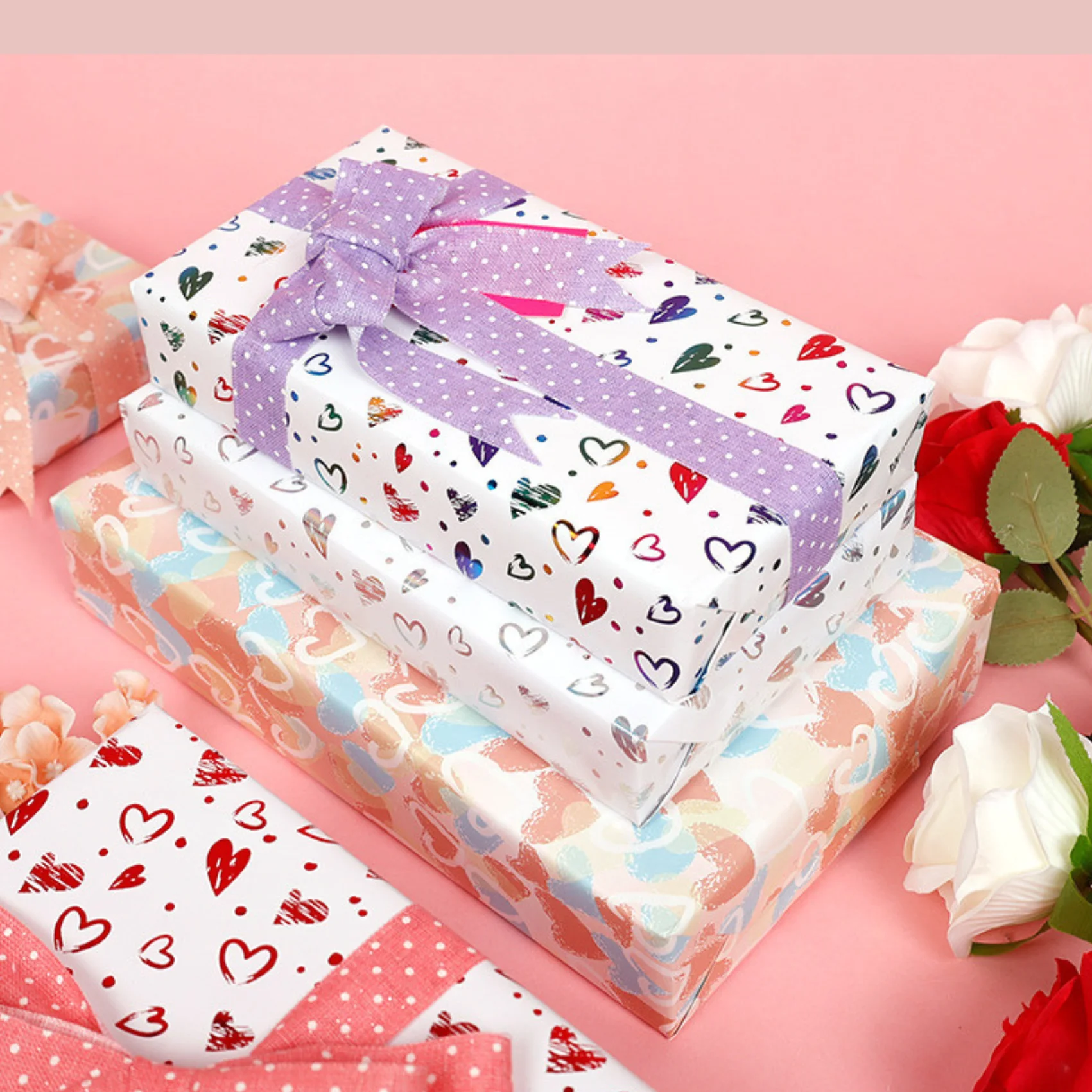 1Roll Love Heart Gold Gift Wrapping Paper, Laser Packaging Paper, (43x300 cm) Paper, Suitable for Birthdays and Party