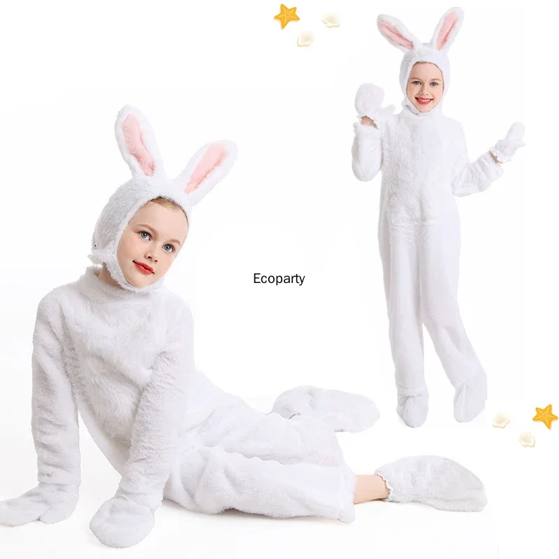 Easter Day White Rabbit Cosplay Costume Lovely Girls Boys Furry Small Bunny Outfits Jumpsuit Halloween Party Stage Show Costumes view 3