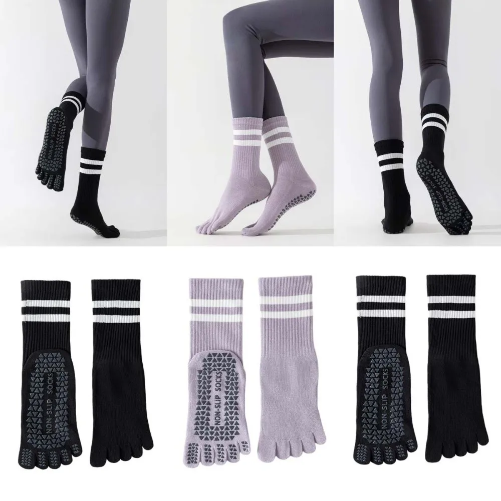 Anti-slip Women's Non-slip Yoga Socks Silicone Five Finger Five-toe Socks Long Mid-calf Stripe Floor Toe Socks