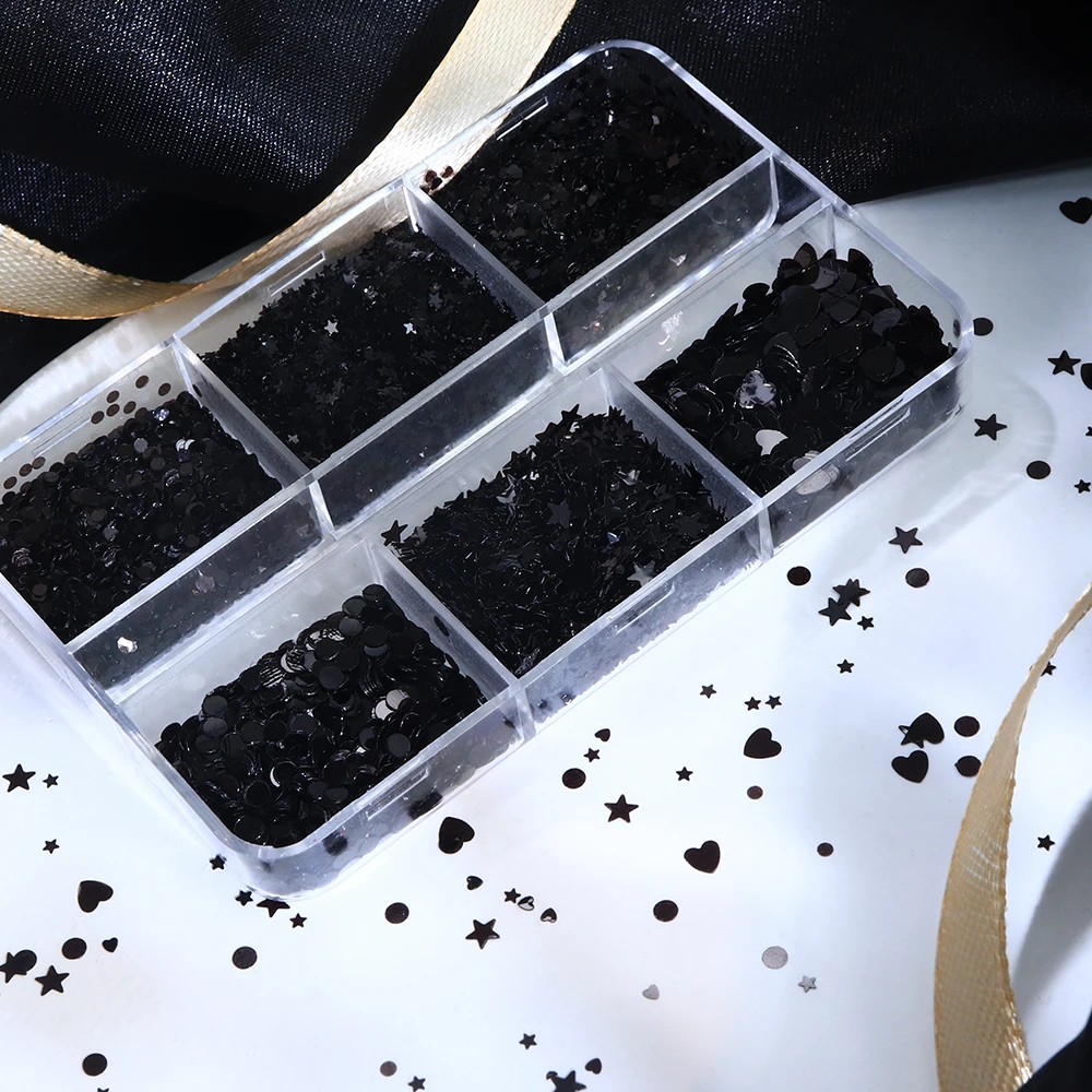 อุปกรณ์ตกแต่งเล็บแบบกลิตเตอร์สีดำขนาดเล็ก รูปหัวใจ ดาว วงกลม สำหรับทำเล็บสไตล์ดาร์ก DIY