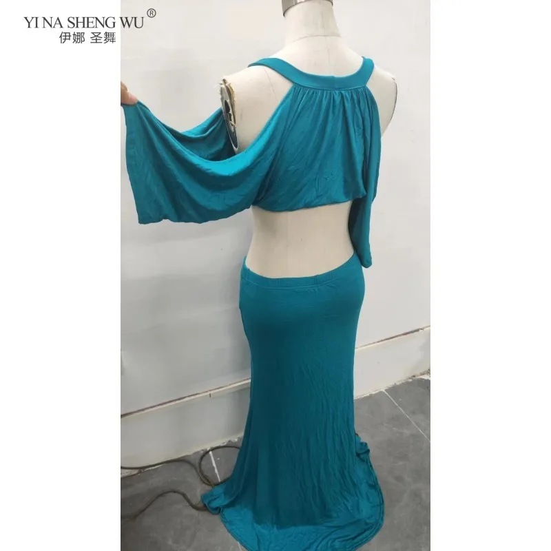 Traje de performance de dança do ventre feminino oriental modal manga morcego vestido dividido prática dancewear para dançarinos femininos roupa de palco