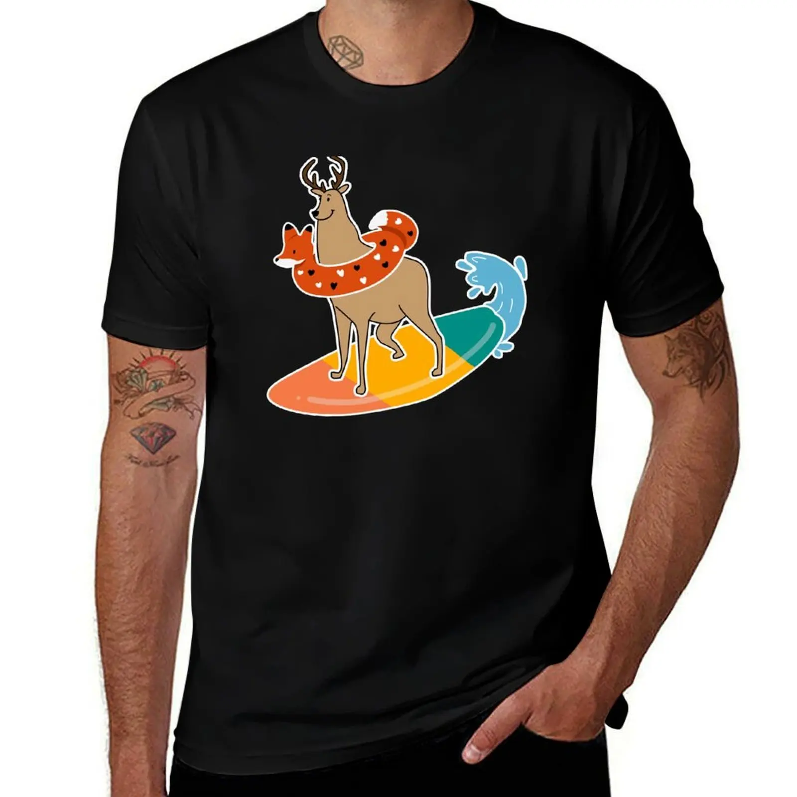 

Surfing Stag with Fox Floatie : Cute Summer Deer Design T-Shirt plain custom t-shirts Funny t-shirt Short sleeve tee men clothes