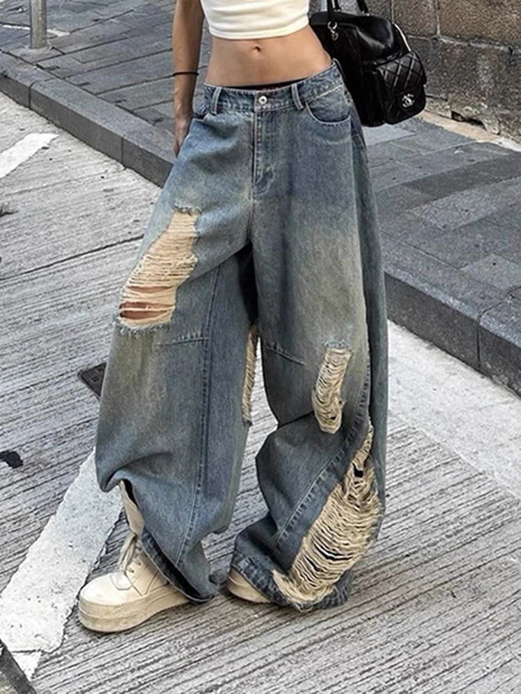 Y2K อเมริกัน Retro ผู้หญิงเอวสูง Ripped กางเกงยีนส์ฤดูร้อนหลวมขากว้างความยาวกางเกง High Street Slimming