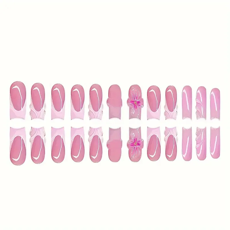 เล็บปลอมแบบกดติด 24 ชิ้น ลายดอกไม้ 3 มิติ สีชมพู น่ารัก ทรงเหลี่ยม ความยาวปานกลาง สไตล์ฝรั่งเศส ไล่เฉดสีชมพูอ่อน สำหรับตกแต่งเล็บผู้หญิง #
