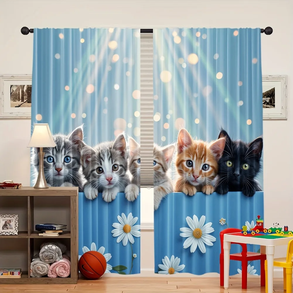 Cute Kitten Rod Pocket Curtain Five Mixed Cats White Daisy Bokeh Light Blue Soft Sweet Decor Bedroom Living Room Home Window
