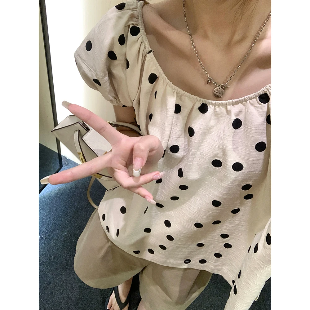 

PiJiUu Polka Dot Bubble Sve Top Women's Commute Sle round Ne ort Sve Printed irt Korean Version Straight Cut