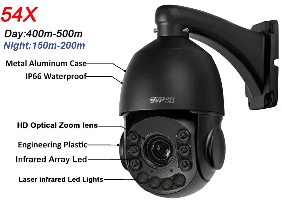 ليزر أسود Led Camhi تتبع تلقائي 8MP 4K 54X زووم بصري دوران الصوت ONVIF WIFI Rj45 2 في 1 PTZ سرعة الموت كاميرا الأمن