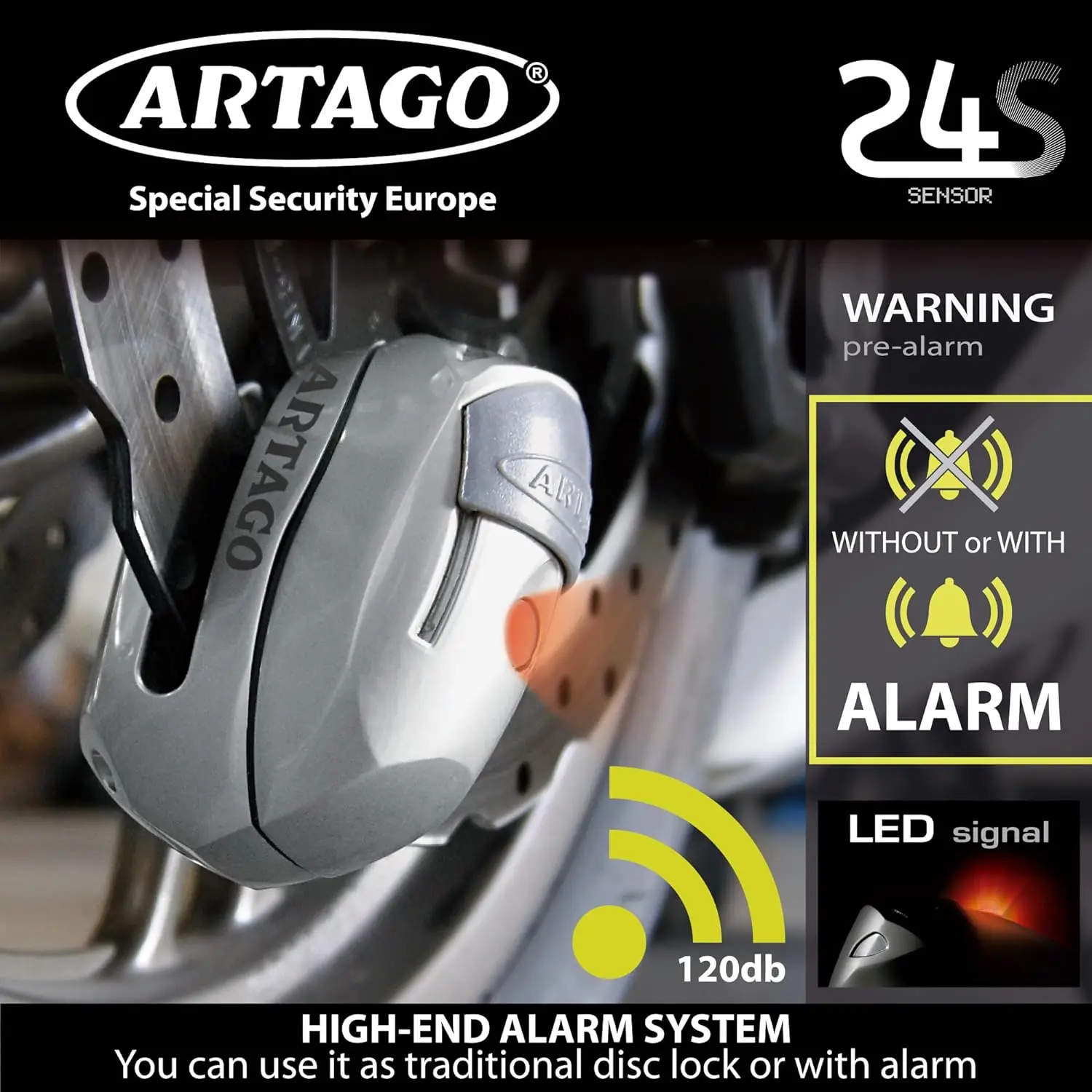 Artago 24S.6M Alarm Disc Lock Motorcycle 120dB ON/Off, Smart Warning Function Optimized Sensitivity,LED,Replaceable Alarm Module