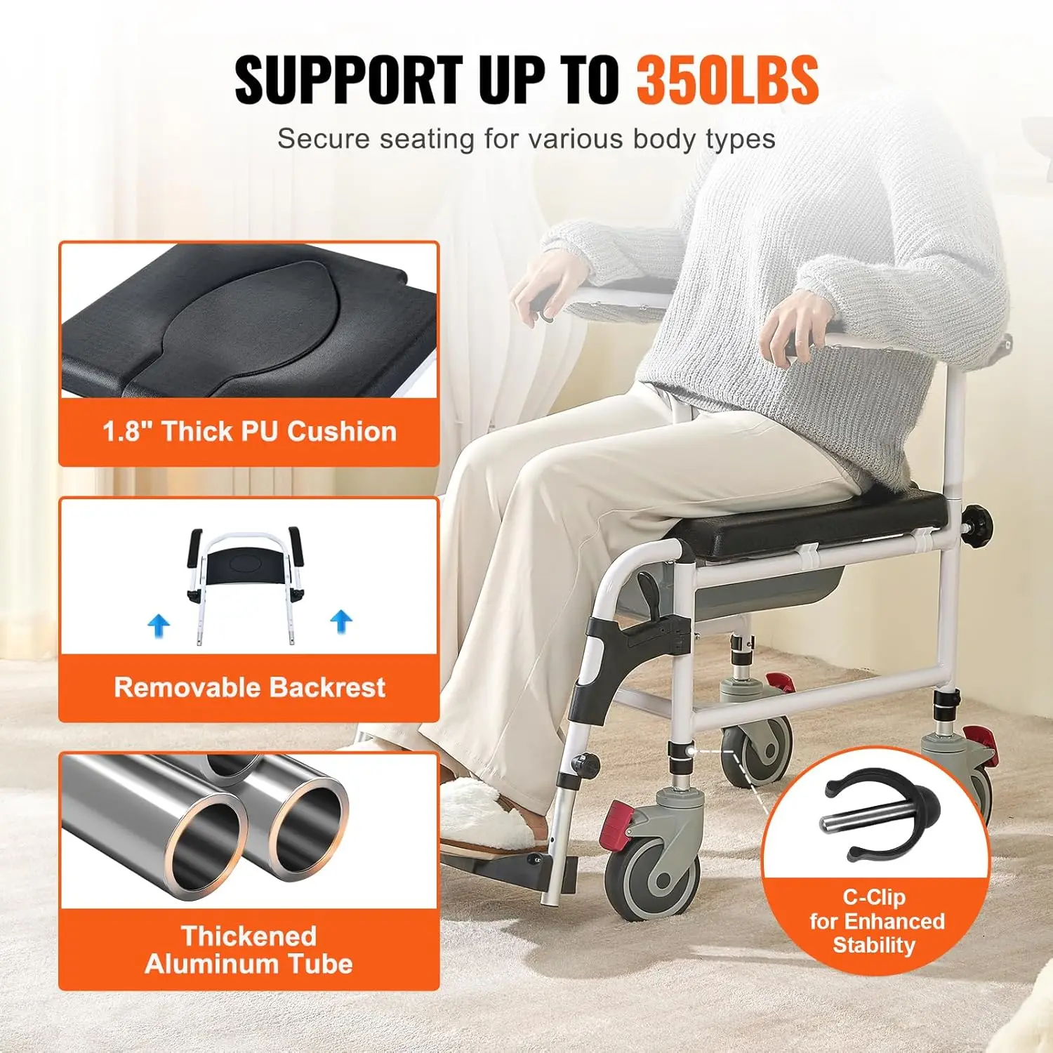 350lbs Shower Commode Wheelchair, 4 Lockable Wheels, Flip-up Arms, 3-Level Height Adjustable, Bath Transport Chair