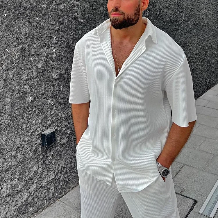 2025 Shirt and Elastic-waist Long Pants Suit Loose Outfits Summer Spring Men Casual Solid Color Two-piece Set Lapel Short Sleeve