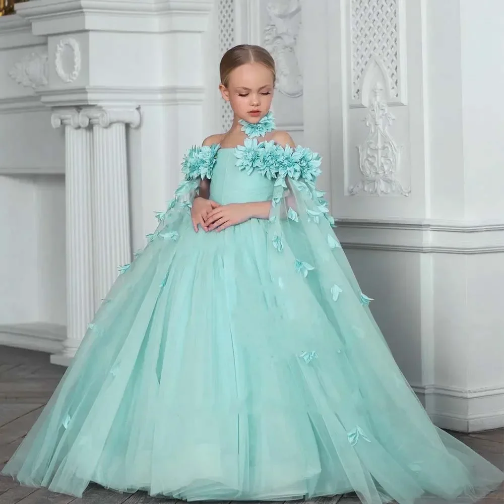 Abiti da ragazza di fiore verde per matrimonio Applique 3d in tulle con spalle scoperte Festa di compleanno per bambini Prima comunione Abito da ballo di Natale