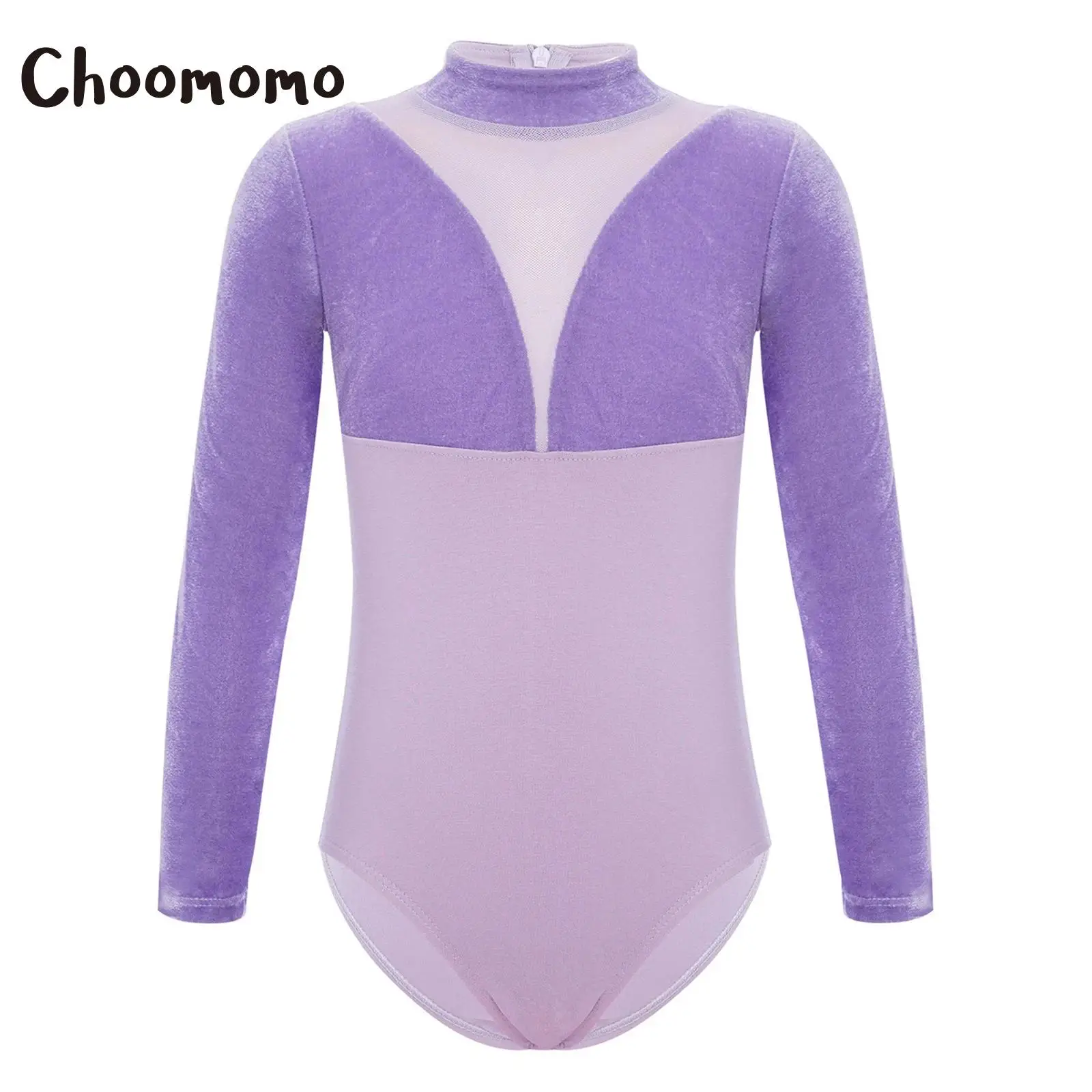

Kids Girls Long Sleeves Ballet Leotards Velvet Mesh Patchwork Cotton Warm Gymnastics Dance Bodysuit Workout Training Dancerwear
