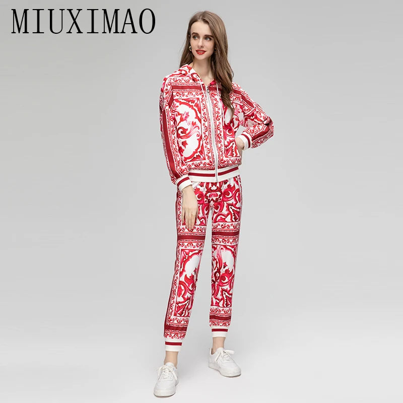 MIUXIMAO 2023 Sets for Women 2 pieces Sicily Elegant Set blue and white porcelain Print Top+ Pants Fashion Two-piece Set Women