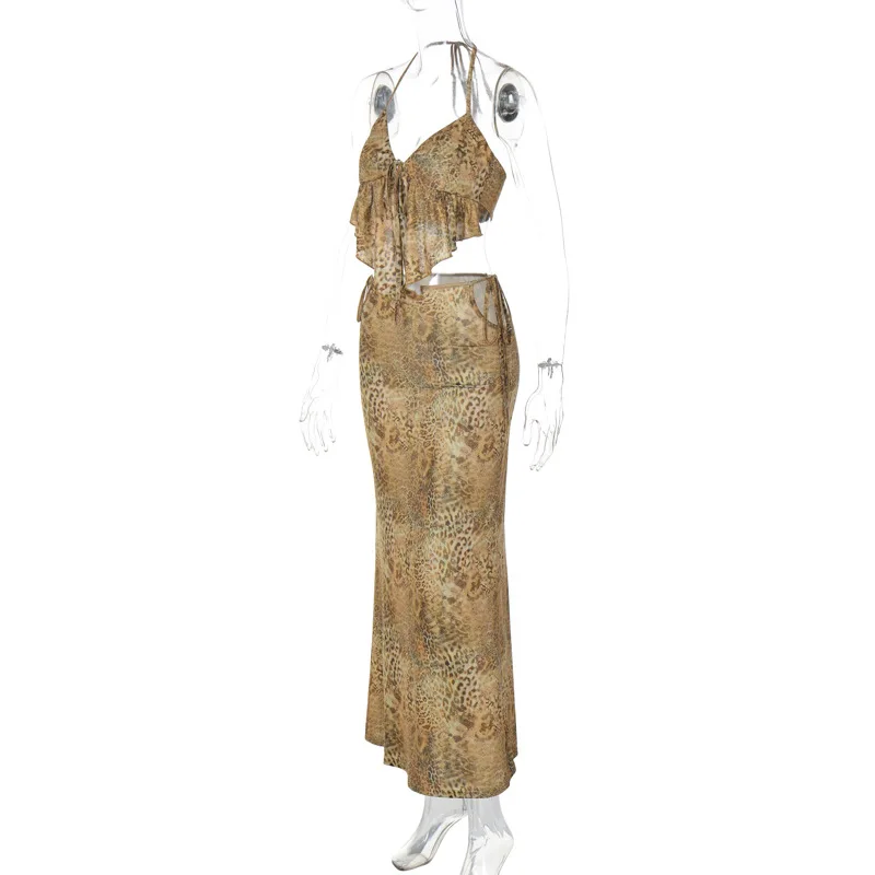 WeiYao-conjunto Sexy con estampado de leopardo para mujer, Top con tirantes finos sin tirantes, ahuecado, drapeado, vestidos ajustados con cordones, trajes de playa elegantes