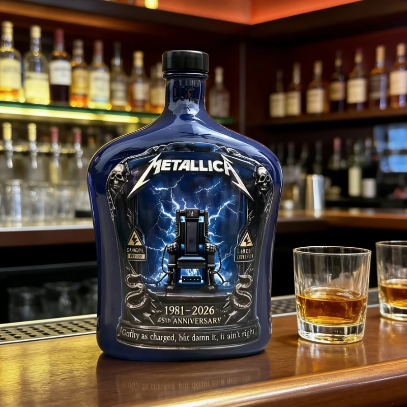 Metallica 45th Anniversary 1981-2026 Blue Ceramic Whiskey Bottle - Lightning Electric Chair Design Collection Decorative Bottle - view 2