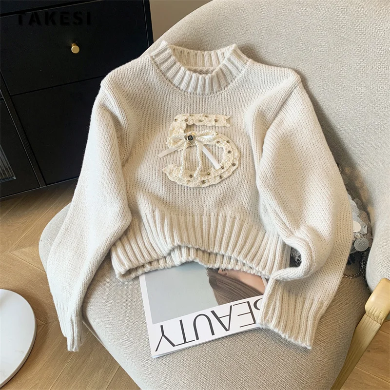 

Women's Vintage Knitting Long Sleeve Casual Bow Pullovers 2023 Winter Fashion Round Neck Appliques Loose Female Sweater Top