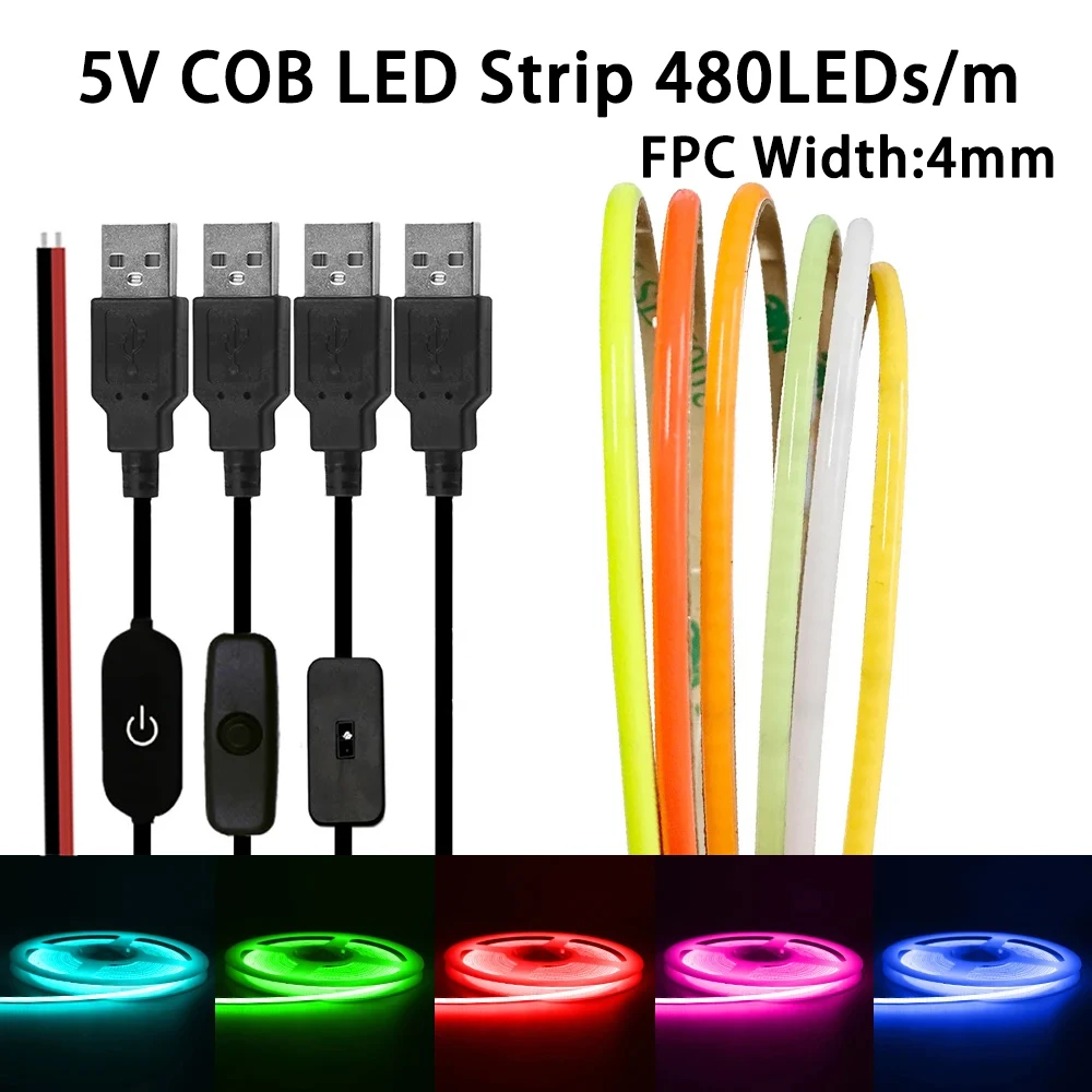 usb cob led strip lights para computador fita fita fita cor pc decor gabinete ice blue rosa vermelho 480leds por m fpcb largura 5v mm 01