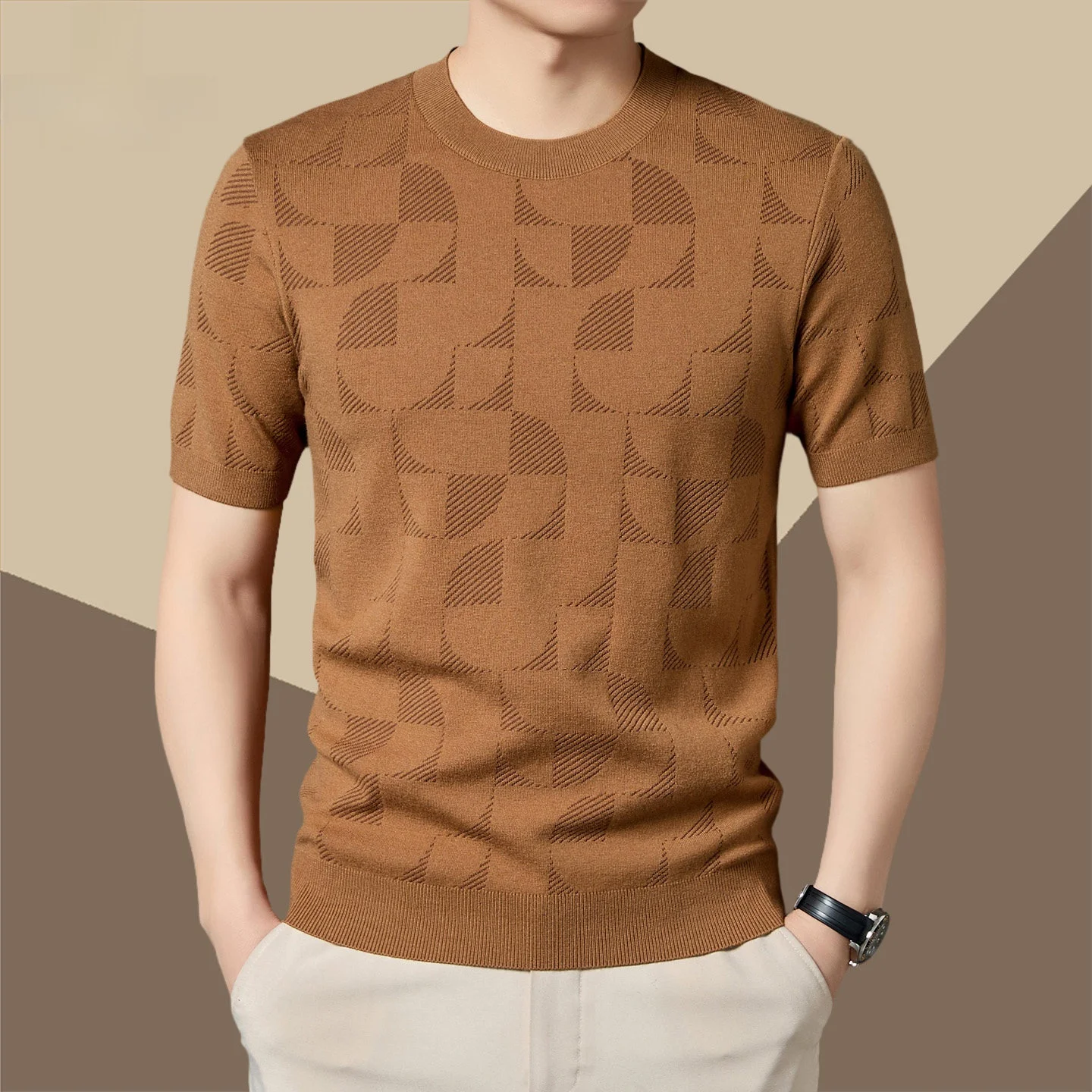 

Мужской повседневный вязаный шерстяной свитер Pierre Cardin с коротким рукавом и круглым вырезом, тонкий, для весны и осени, модный городской стиль, влагоотводящий.