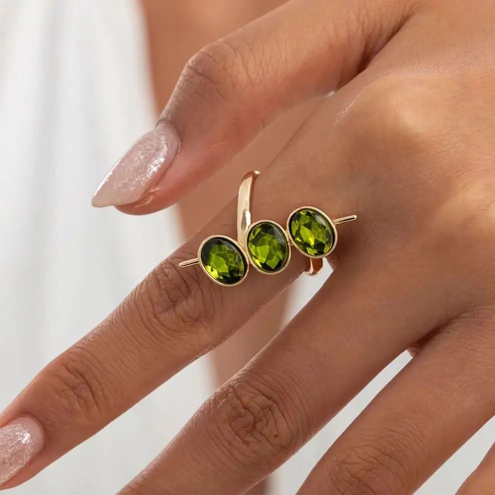 Lacteo Exquisite Three Green Glass Drill Bead Geometric Rings Women Simple Adjustabl Gold Color Copper Finger Ring Daily Jewelry