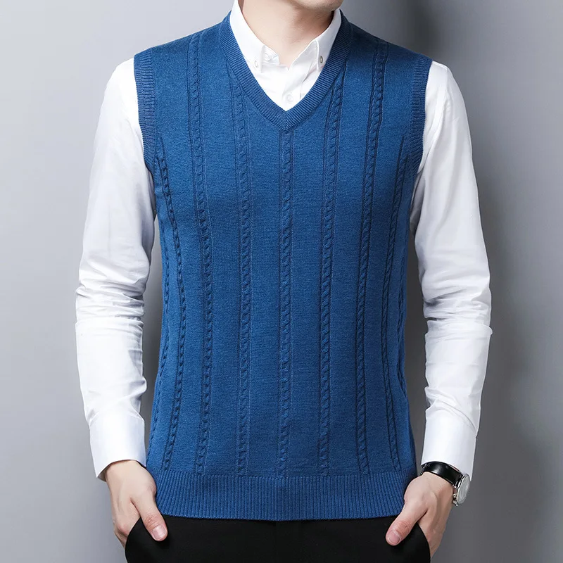 2024 Autumn Winter New Men's Knitted Vest Fashion Solid Color Jacquard Middle-aged Men's Warm Sleeveless Hair Vest