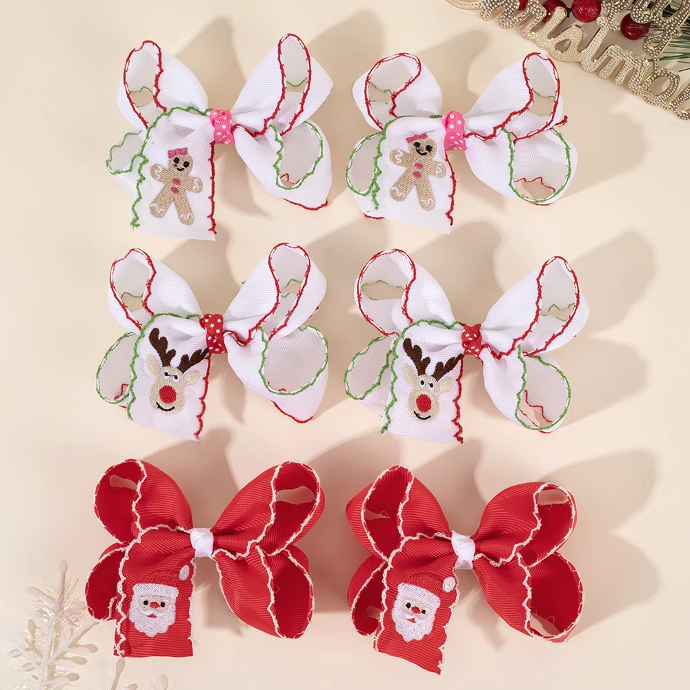 ncmama 2/1PCS Christmas Hair Bow Clips Embroidery Butterfly Bow Hairpins Sweet Girls Ribbon Barrettes Christmas Hair Accessories