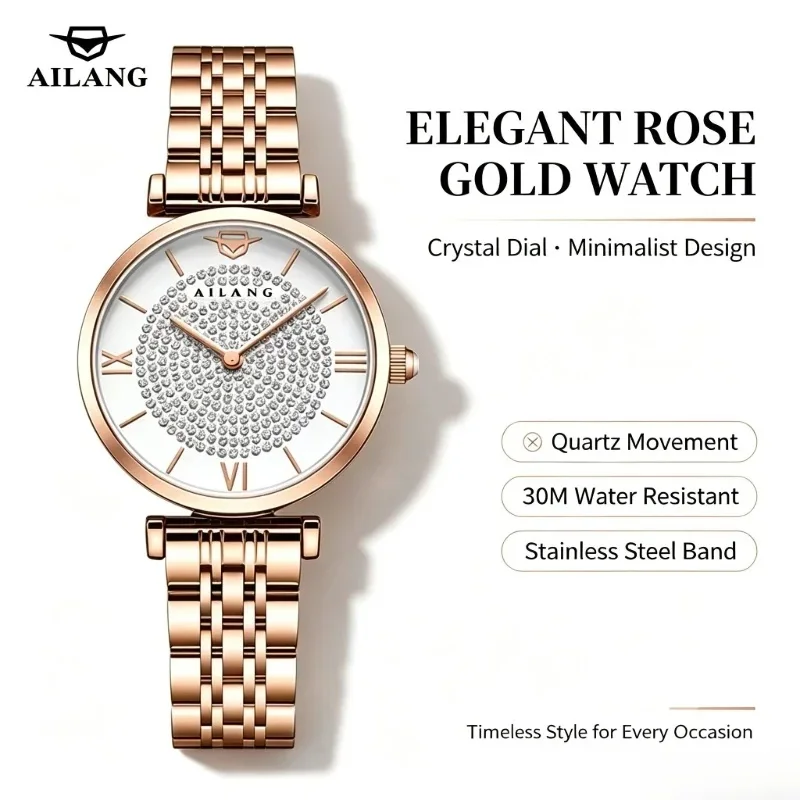 AILANG-8006 Luxury Women's Watch Rose Gold Two-tone Bracelet Bling Diamond Dial Roman Markers Waterproof Clock