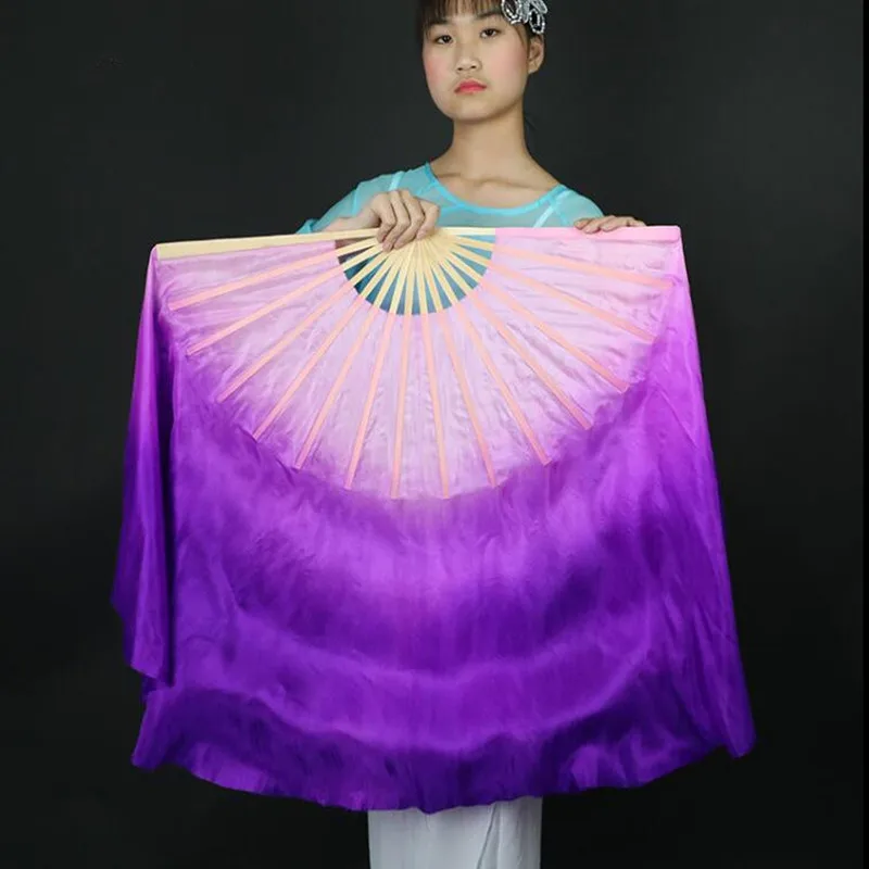 30Inch Chinese Folk Dance Silk Veil Women Yangko Dance Fan Veil Pair Real Silk Half Moon Show Props AdultsPink Purple Gradient