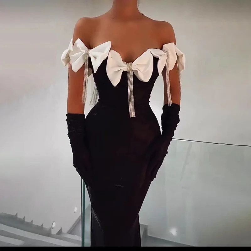 New European and American Style Off-Shoulder Bow Tassel Low-Cut Bodycon Dress Women's Fashion