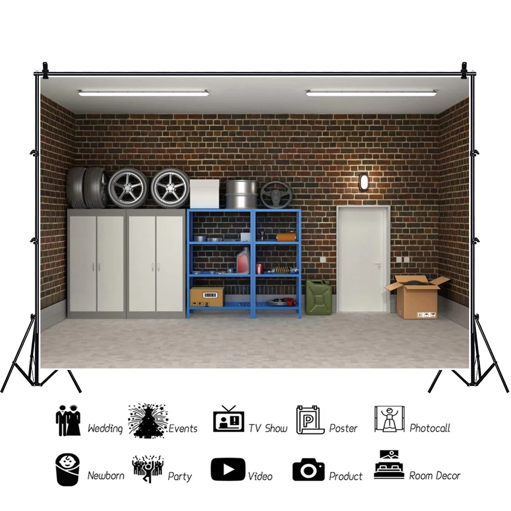 Bannière de décoration de table de gâteau d'anniversaire pour enfants, arrière-plan de maison de garage, outil de réparation de Little Atlancione, toile de fond de photographie de cabine en rondins