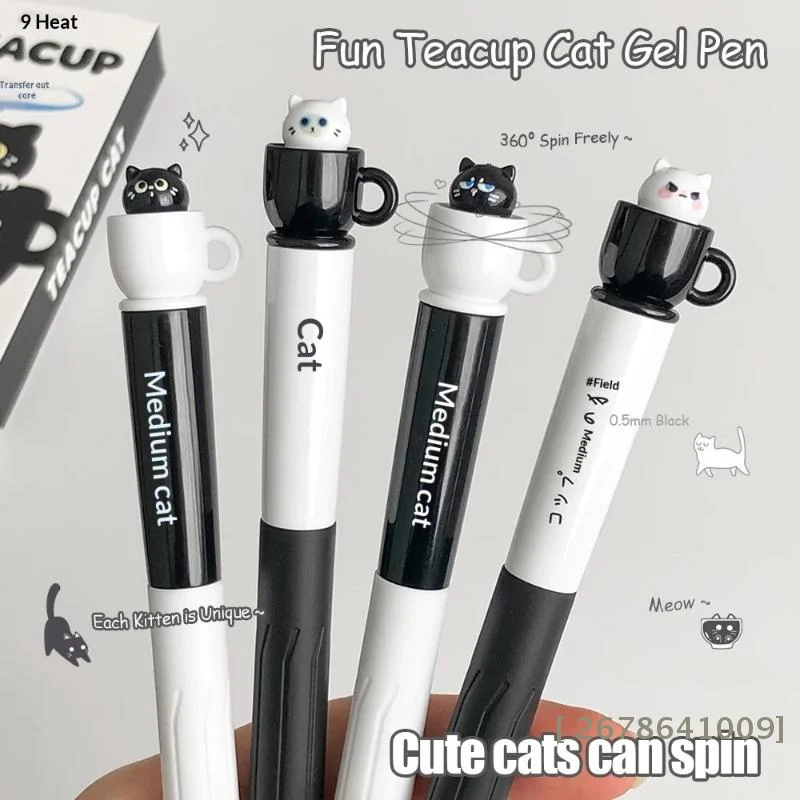 ♥ Kawaii Teacup Cat Gelstift - 360 °   Drehbarer Katzen-Topper Schwarz-Weiß Schreibwaren | 〔YY33〕