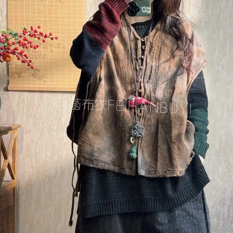 

New Arrival Spring Autumn Women Casual V-neck Single Breasted Vest Sleeveless Good Quality Cotton Linen Outerwear & Coats F139