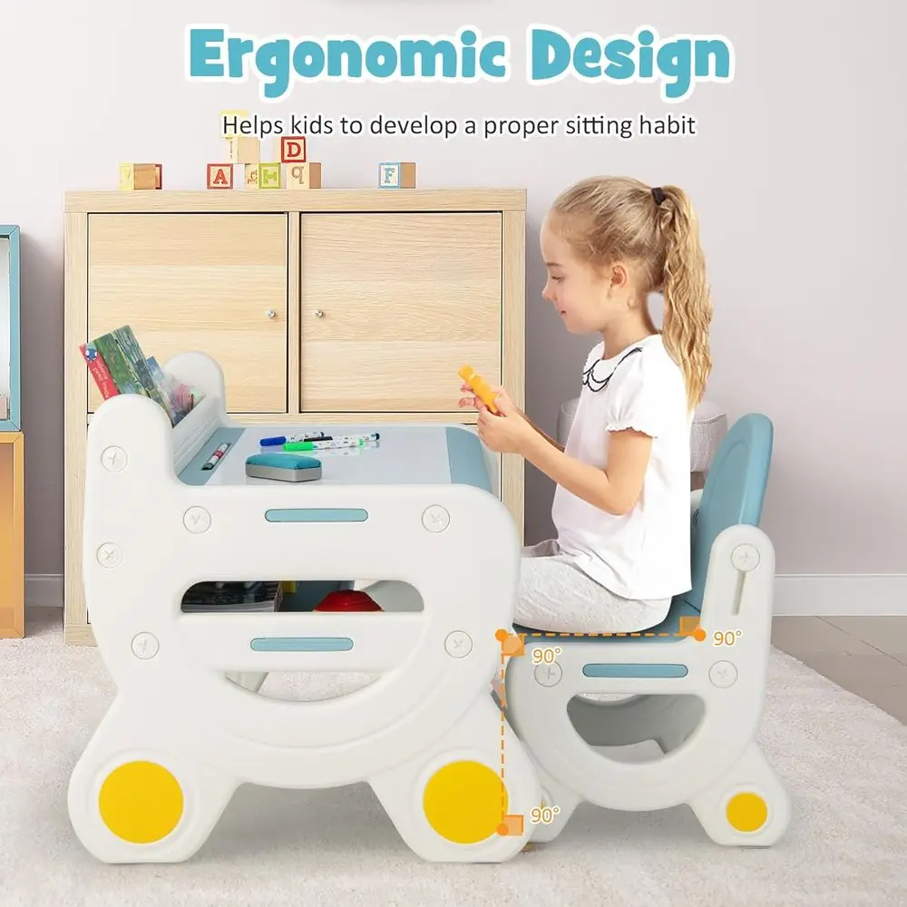 Tavolo e sedia in plastica per bambini con lavagna, portaoggetti e accessori artistici in blu