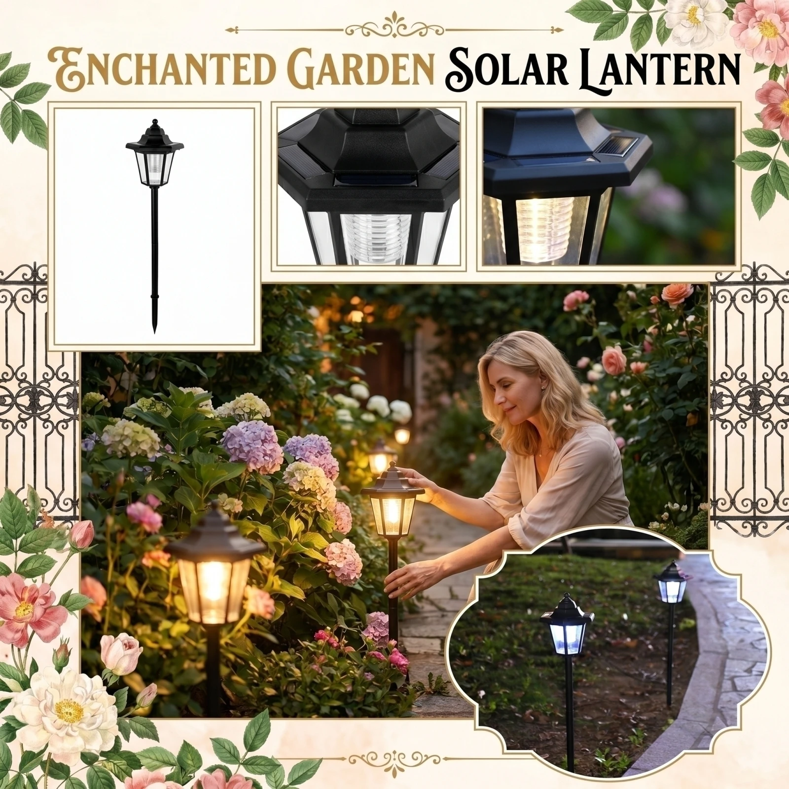 Hexagonal Palace Lantern Solar-Powered Garden Lamps Home Decorative Artificial Flower Garden Plant Light for Patio