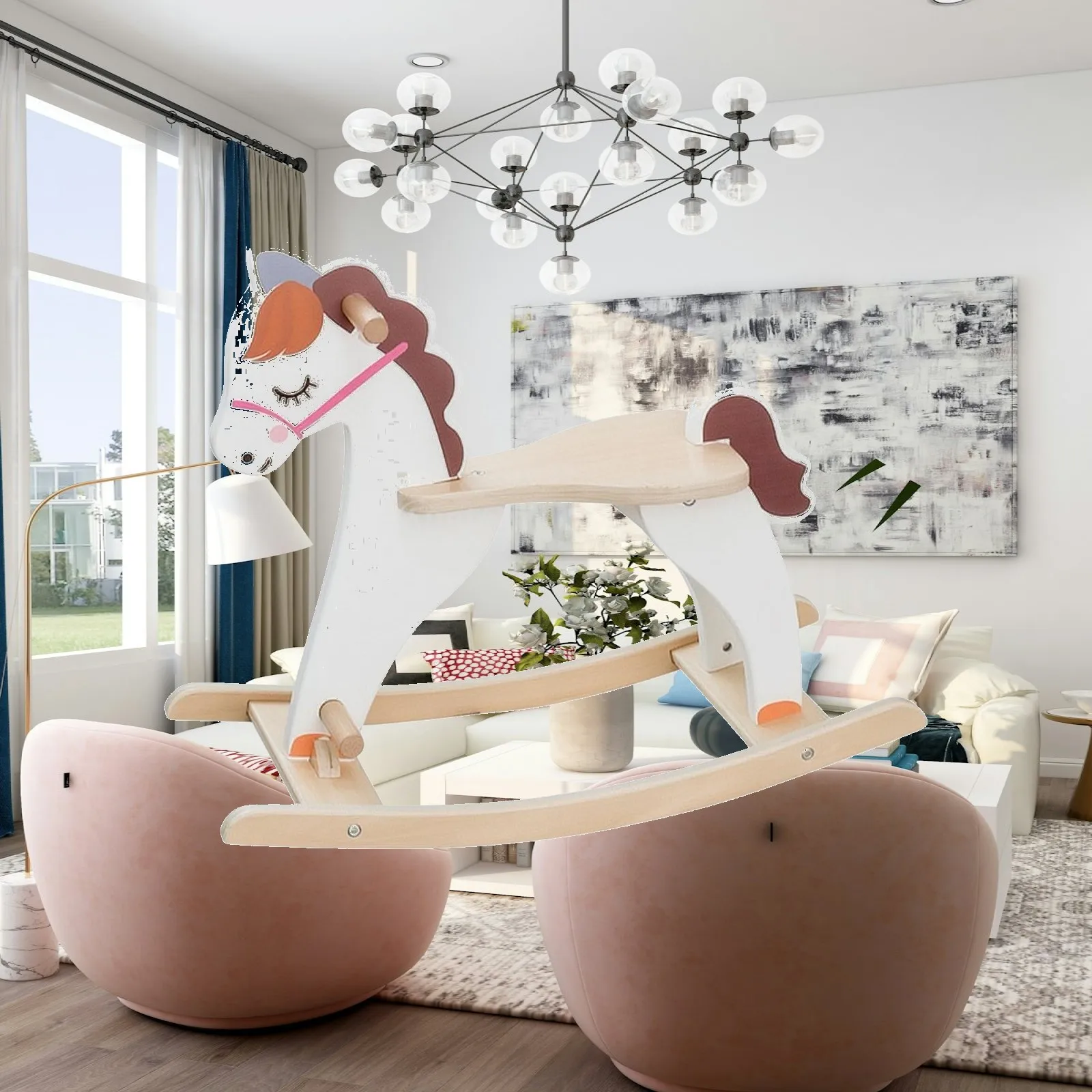 Wooden Rocking Horse Smooth Kids Rocking Horse with Handles Wooden Rocker with Footrest Natural Wood Riding Toy Cute