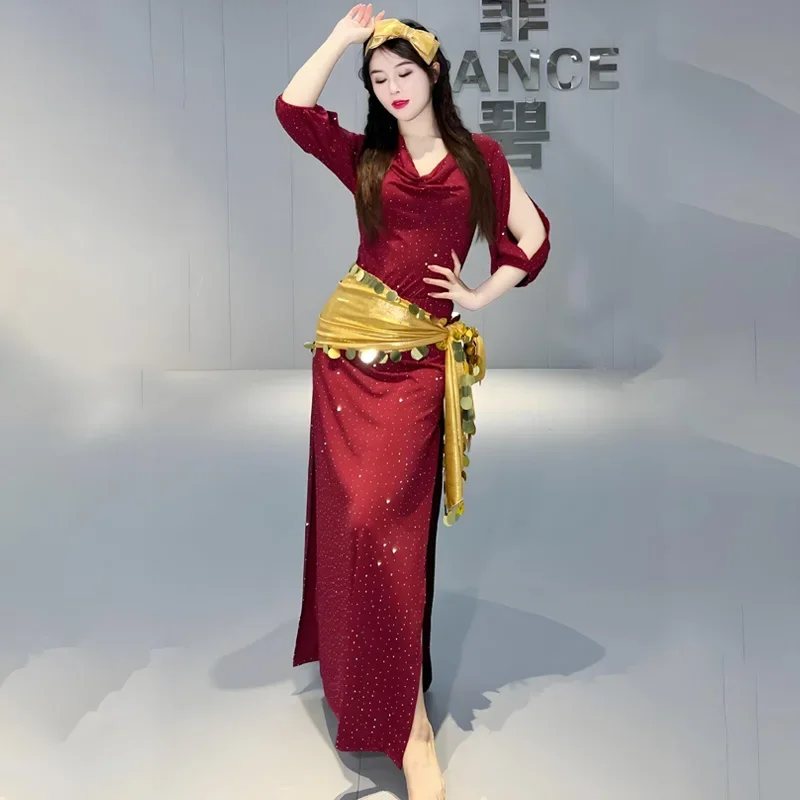 Buikdanskostuum Vrouwelijke Volwassen Sexy Mode Glitter Jurk + Hoofddoek + Taille Sjaal 3PC Set Halloween Prestaties Exotisch kostuum