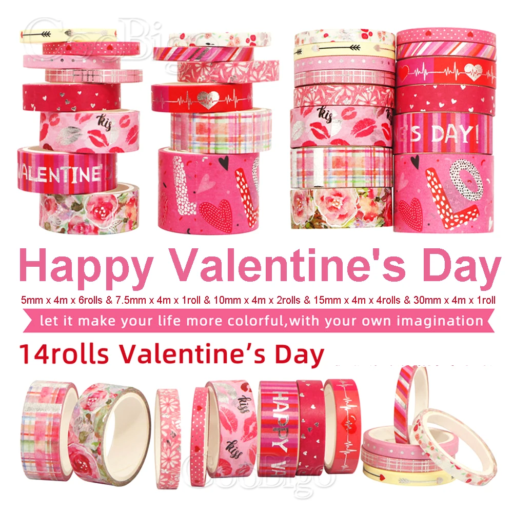 

Pink Valentine Washi Tape Set Adhesive Masking Sticker for Decor Scrapbook Diary Note Book School Stationery Supply 14 Rolls/Lot