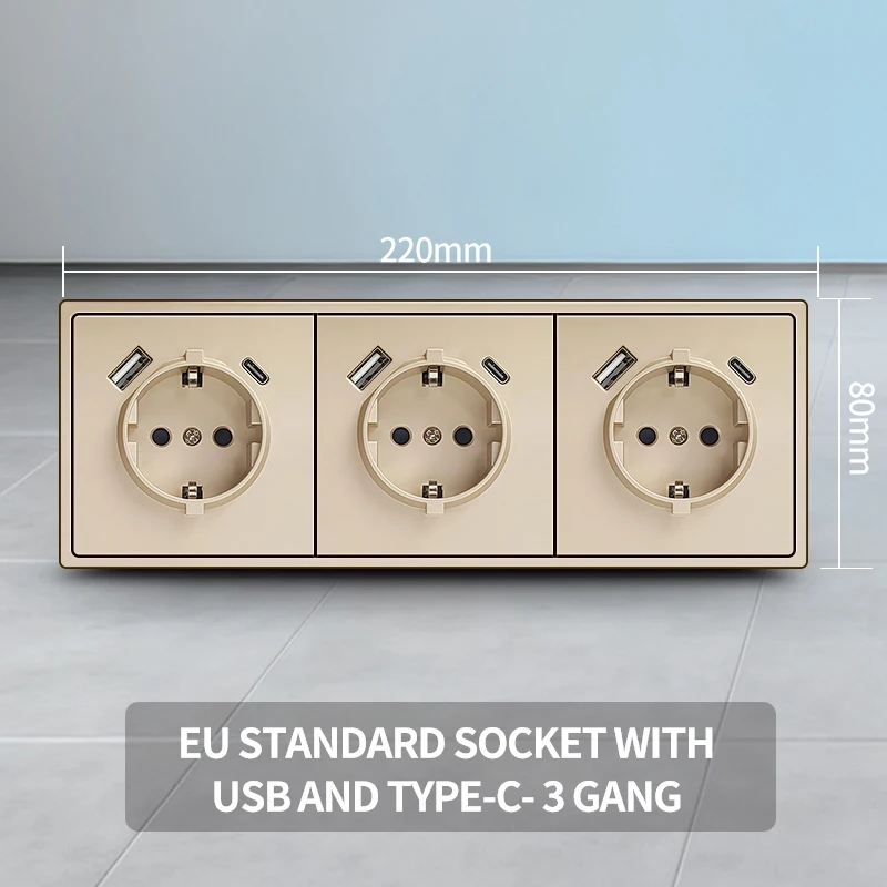 2 USB Type-C snel opladen EU Schuko stopcontact, 80x80mm modern design 16A 250V h 1 tot 5-voudig stopcontact voor thuiskantoor