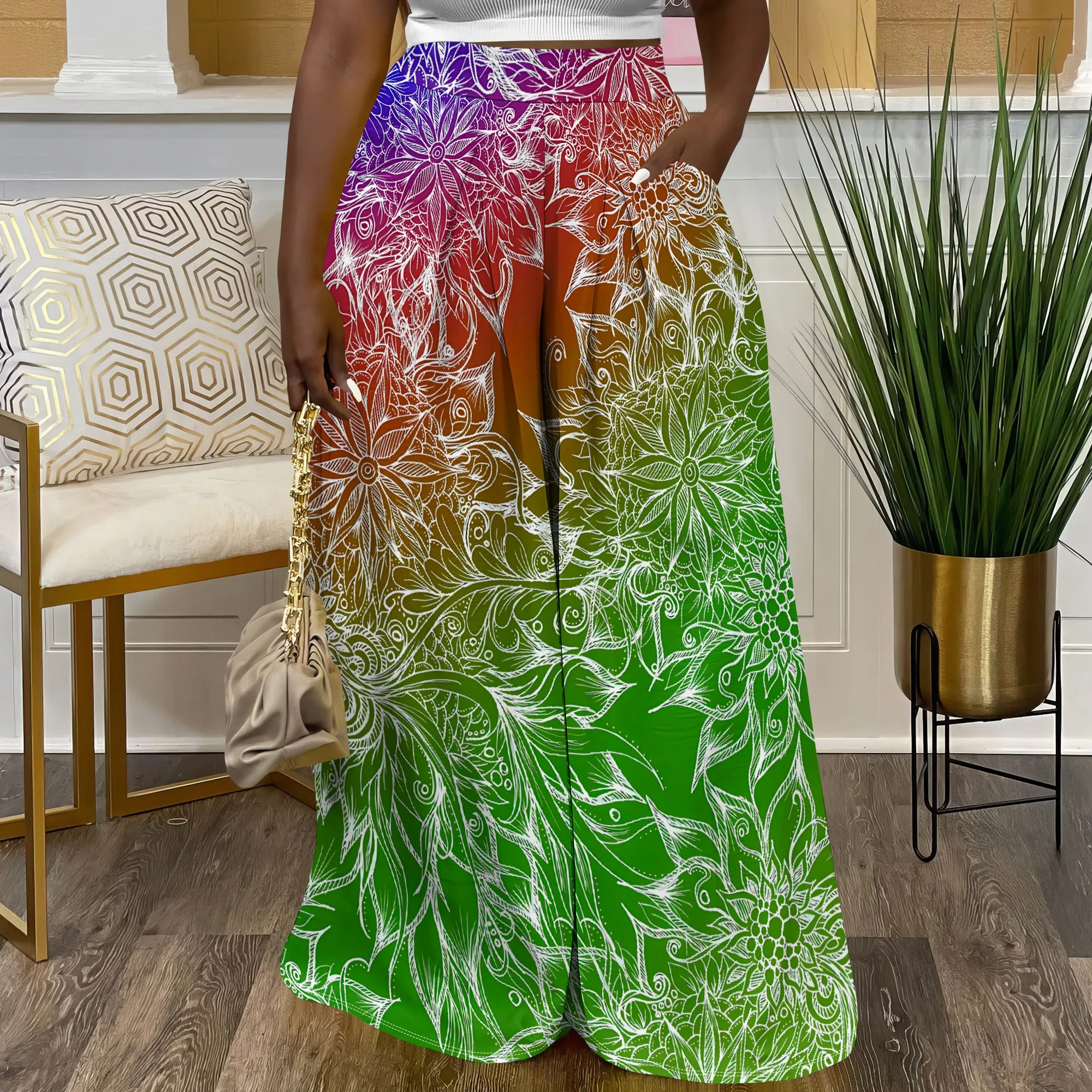 

Nupusa Rainbow Gradient Floral Print Wide Leg Pants for Women Regular Size Summer Casual Pants