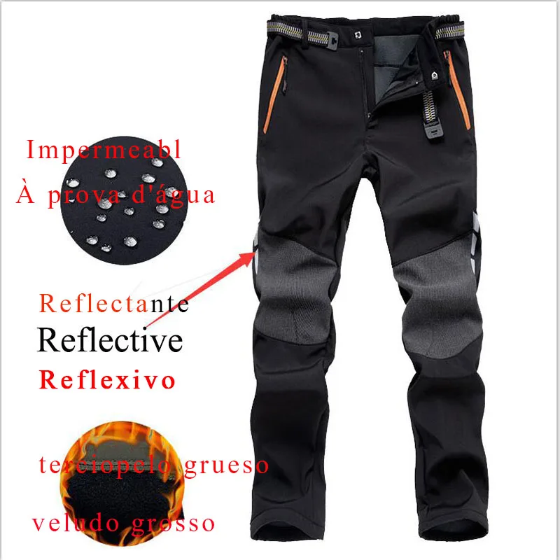 Reflective Mens Winter Hiking Pants Men Warm Fleece Softshell Camping Trousers Outdoor Sports Trekking Skiing Waterproof Pants