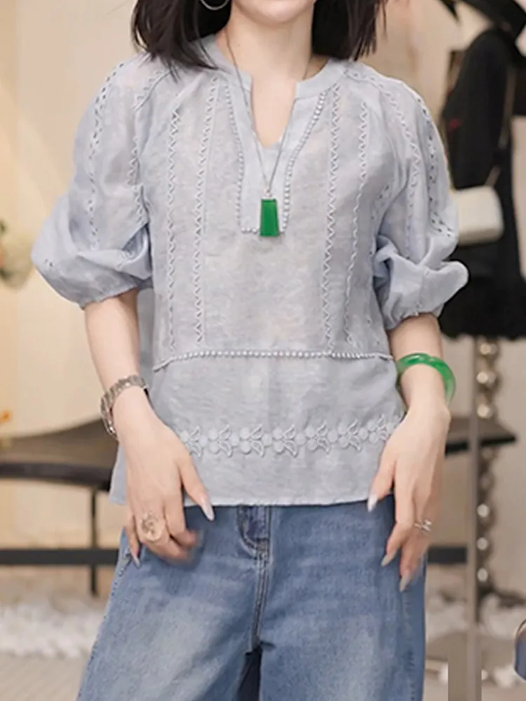 

Лето 2026: Новая модная женская рубашка в стиле пэчворк – элегантная, простая, красивая, уникальная, повседневная, свободного кроя, с V-образным вырезом