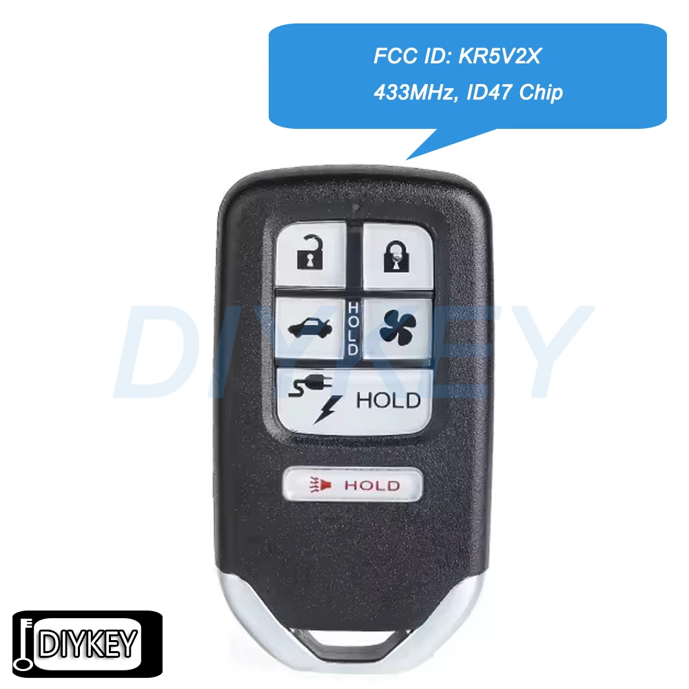 Chave remota inteligente de carro com 6 botões, chip id47 de 433mhz para honda clareza 2018-2021 kr5v2x a2c99370200 a2c98676600 72147-trw-a01 a21