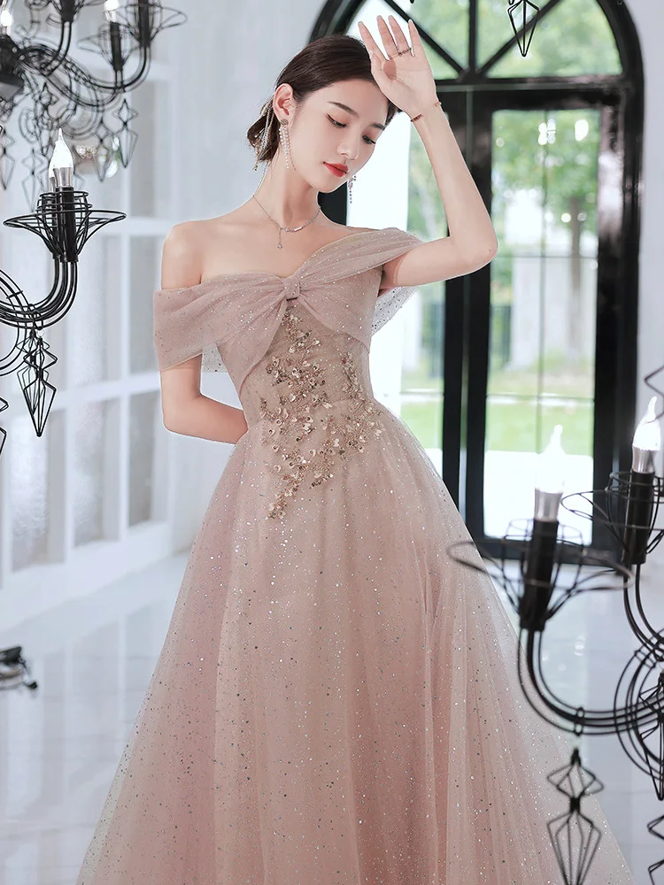

Women's Evening Dresses 2022 Sweet Off Shoulder Sequins Princess Dress Temperament Glitter Long Bridesmaid Gown