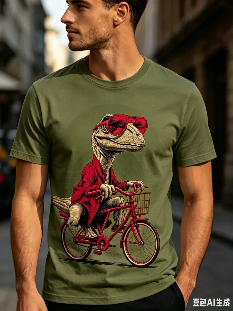 Neues Herren-T-Shirt mit coolem Fahrrad-Print, stylisches T-Shirt mit Schildkröten-Grafik für Herren, Sommer, lässig, kurzärmelig, Trend-Streetwear