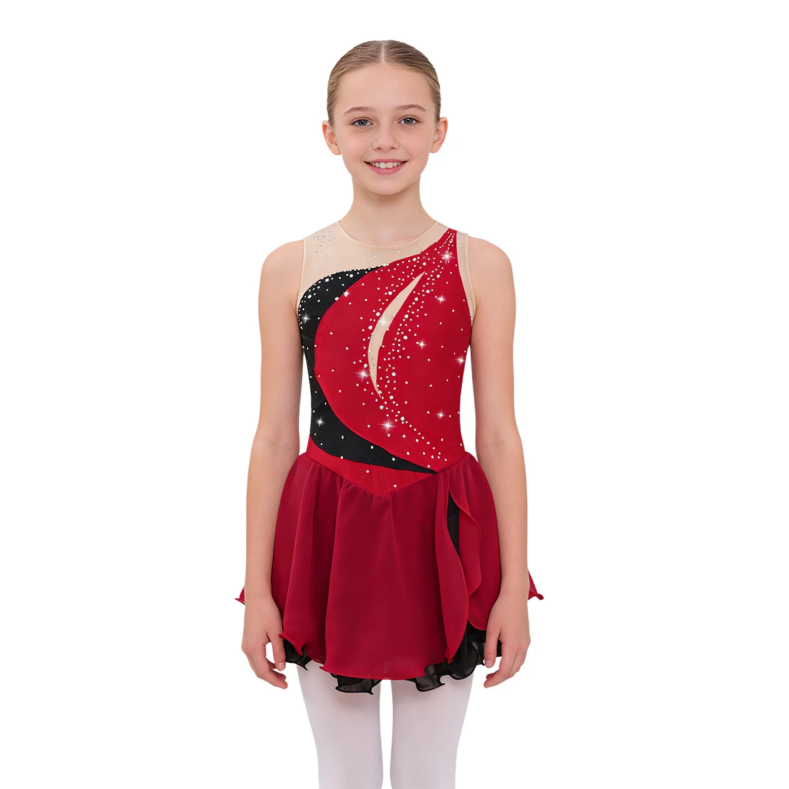 

Kids Girls Ballet Lyrical Dance Dress Shiny Rhinestone Artistic Skating Dance Dress Ruffle Rhythmic Gymnastics Leotards Costume
