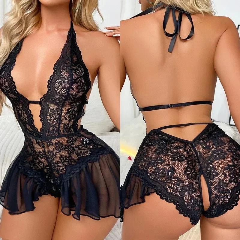 Women's Large Size V Open Bra Sexy Lingerie Teddy Baby Doll Lace Temptation Jumpsuit Passion Open Crotch Free