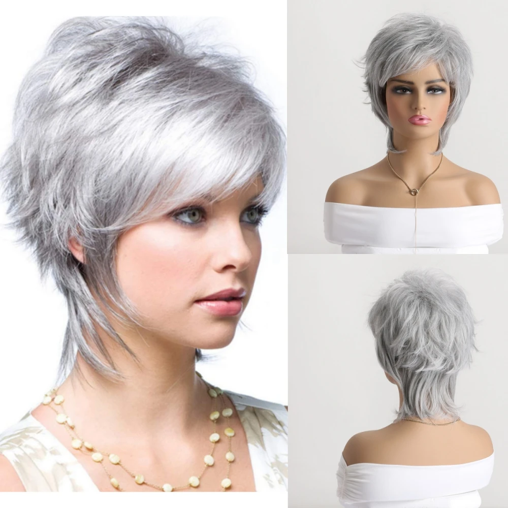 Synthetic Wig Short Silver White Straight Curly Wigs or White Women Fake Hair Mum Wigs Breathable And Comfortable Rose Mesh Wig